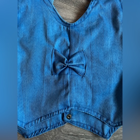 Kawaii unbranded bow detail panda snap button smocked bright blue jean vest M - Picture 7 of 10